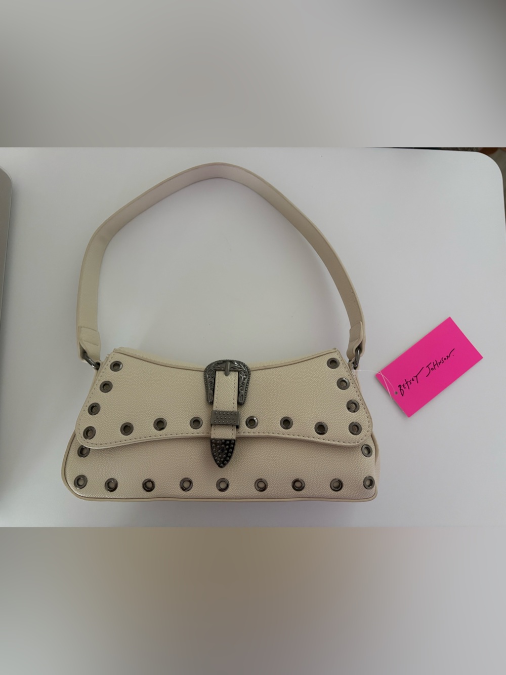 Betsey Johnson Beige Shoulder Bag with Studded Buckle
